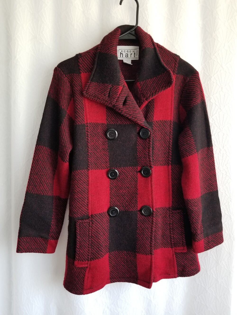 KEREN Hart Wool Red & Black Plaid Double-Breasted Pea Coat Small